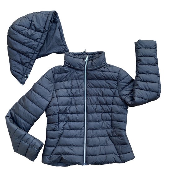 Zara Removable Hood Puffer Jacket Women Sz L Black Neutral Quilted Everyday - Picture 2 of 15
